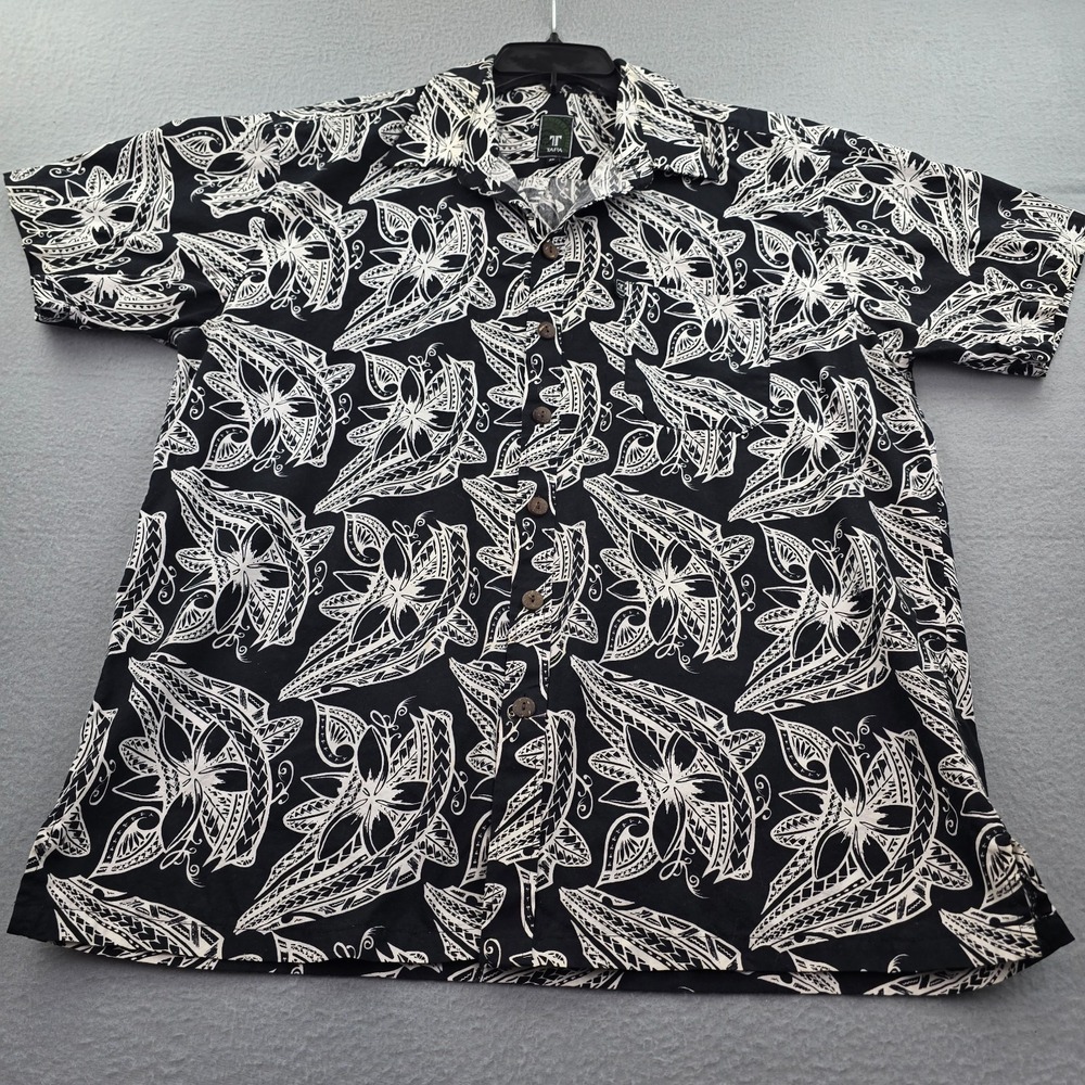 Tapa Hawaiian Shirt Mens XL Black White Tribal Leaf Print Collared Button Up